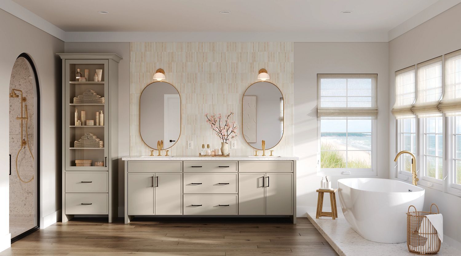 Bathroom with a double vanity and freestanding bathtub
