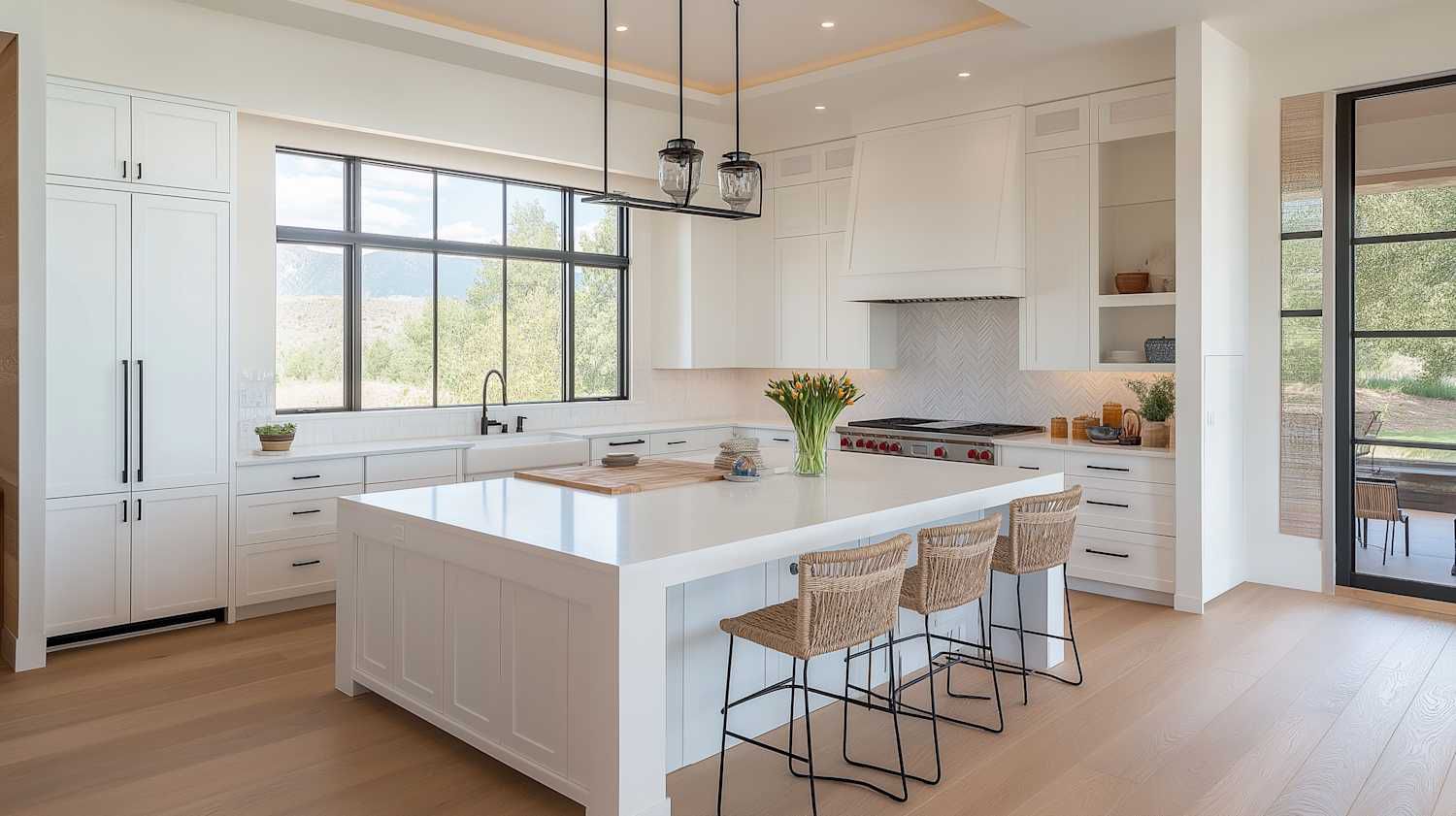 Kitchen with a white island and custom cabinets